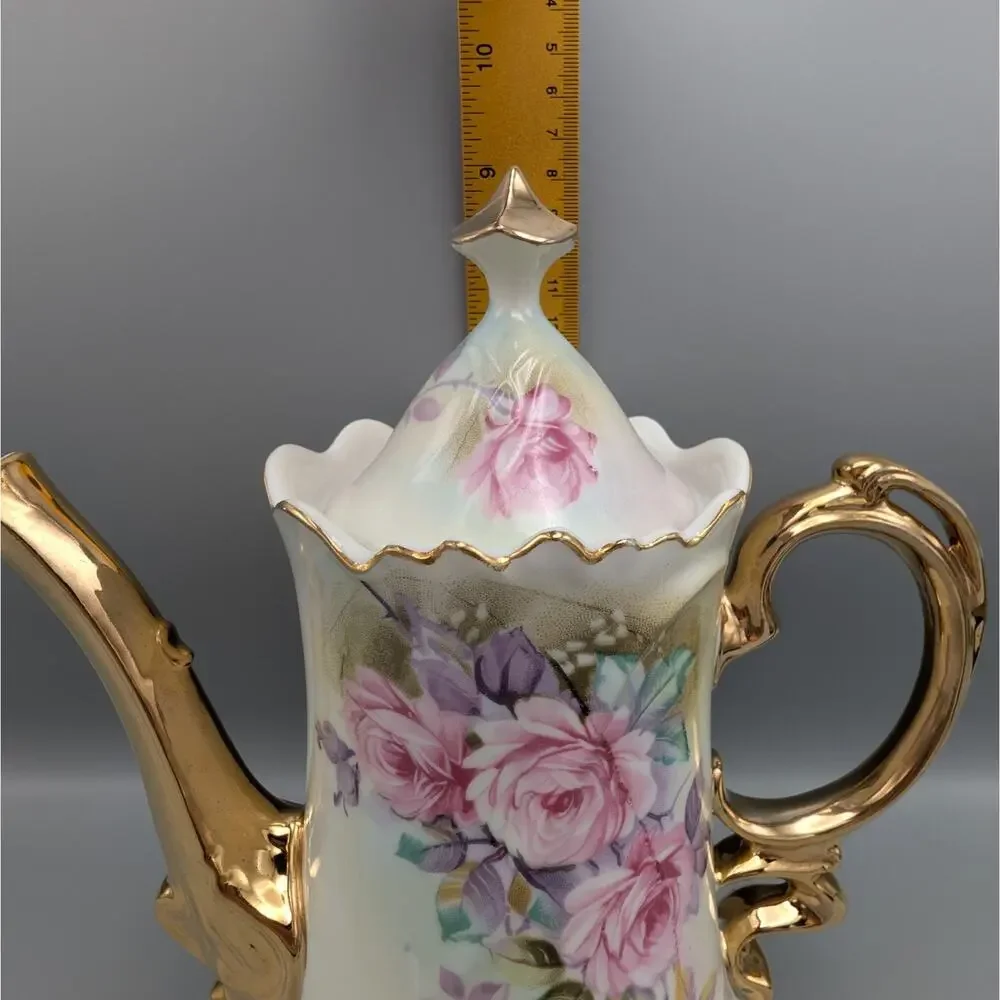 Vintage Lefton China Pink Rose Tea Set Teapot 6570 Sugar Creamer 6571 Gold Gilt